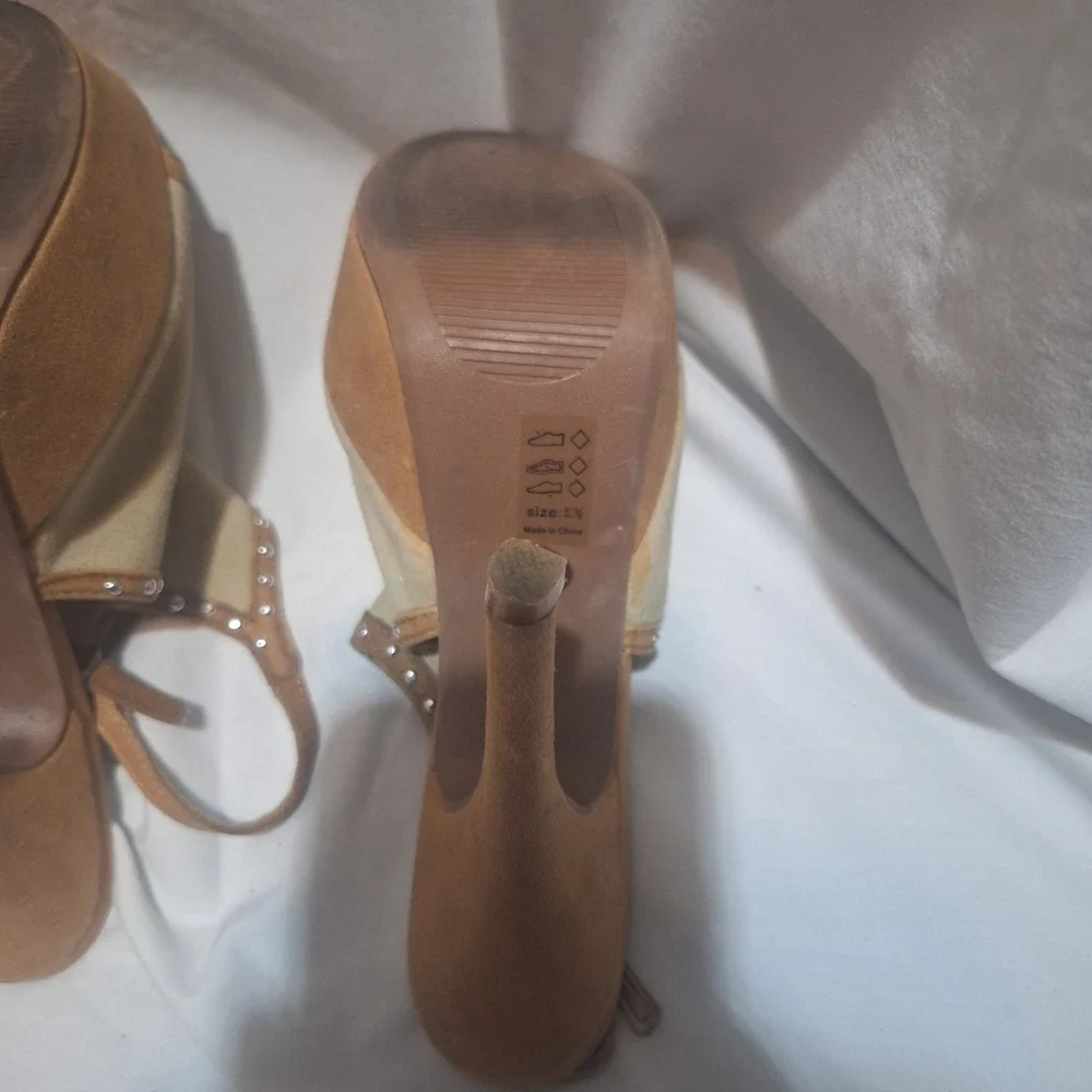 Promise Tan Suede Studded Platform Slingback Stiletto Heels Peep Toe Sandals 5.5